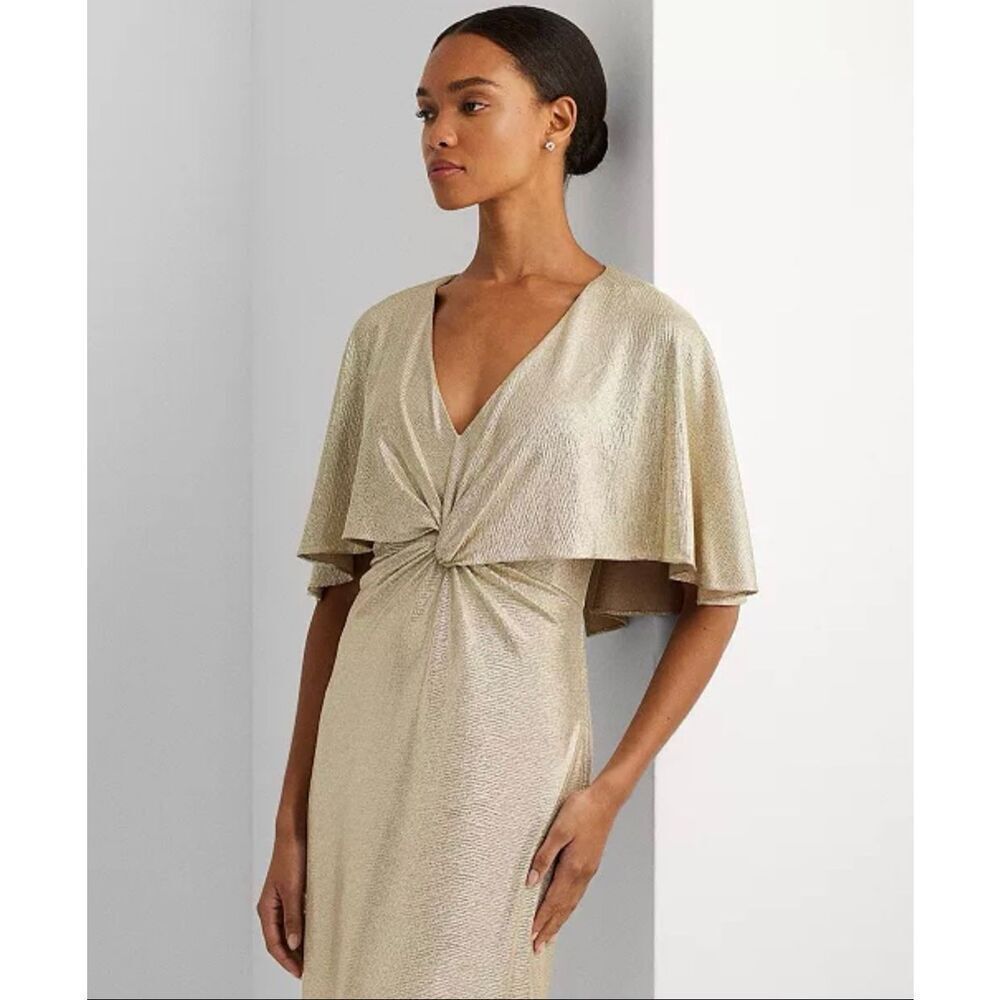Lauren Ralph Lauren Twist-Front Foil Print Cape-Overlay Gown Gold/Tan 18 - Picture 4 of 7